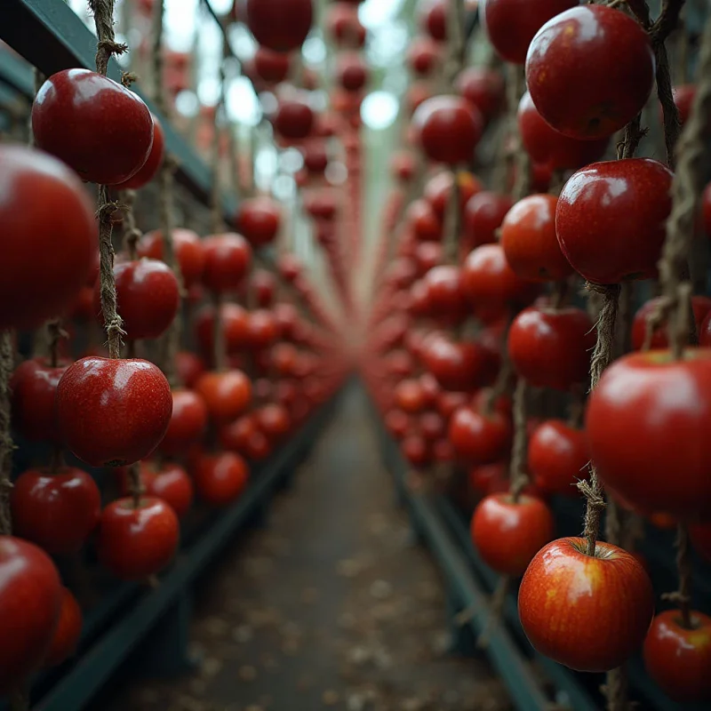 The image features a repeating pattern of red apples suspended from ropes within a narrow, converging space. The color palette is dominated by shades of red, with variations in hue and saturation across the fruit, and contrasted by darker browns of the ropes and surrounding structure. Light diminishes with distance, creating a sense of depth as the apples recede into a blurred background along parallel lines.