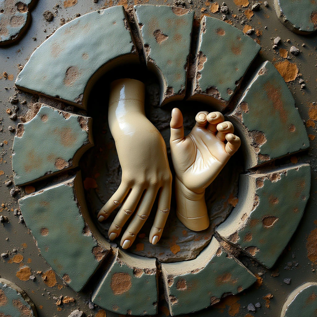The image features a pale, smooth hand and foot emerging from a circular opening in a textured, dark green surface resembling cracked tiles or stone. Light appears to be focused on the hand and foot, creating highlights and casting shadows within the surrounding irregular shapes of the broken material. The spatial arrangement suggests depth as the limbs recede into the hole, contrasting with the relatively flat plane of the surrounding area covered in small brown fragments.