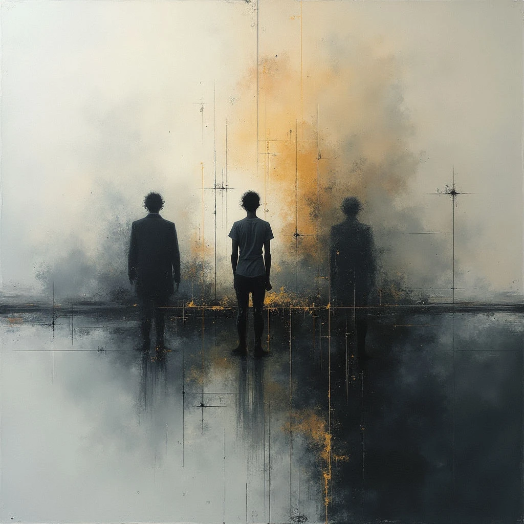 Three silhouetted figures stand facing away from the viewer, looking towards a hazy golden light source. They are positioned on a dark, reflective surface marked with faint grid lines that extend upwards into the mist. The overall mood is somber and contemplative, suggesting a sense of waiting or uncertainty.