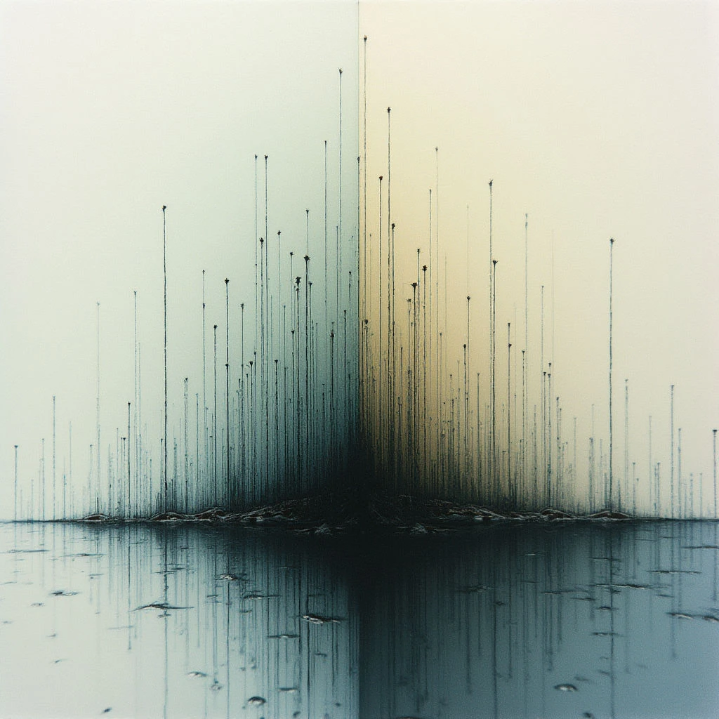 A dark, jagged landmass rises from a reflective body of water. Above the land, countless thin spires stretch upwards, densely packed and varying in height. The overall color palette shifts from deep blues at the base to pale yellows and whites towards the top, creating an ethereal, almost spectral landscape.