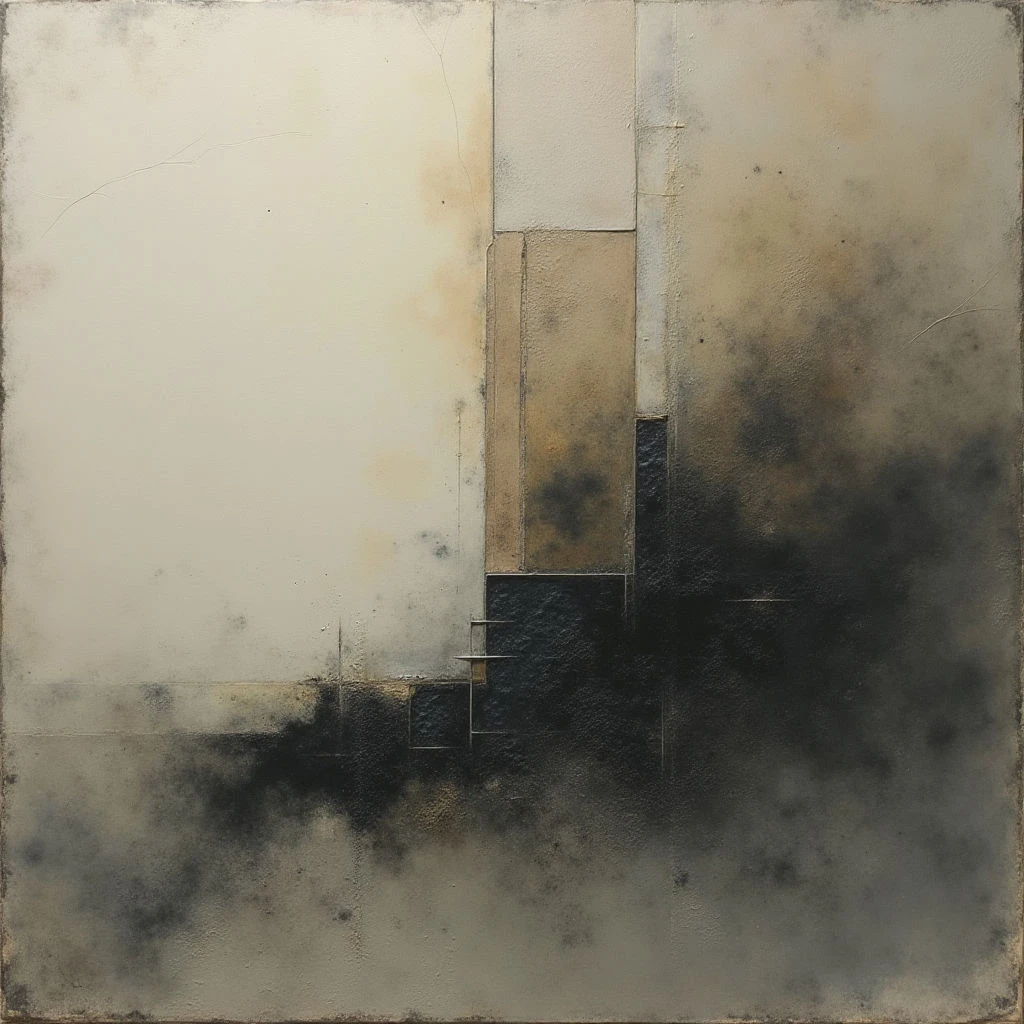 The image features a largely muted palette of off-whites, grays, and browns with areas of darker charcoal black concentrated towards the lower right quadrant. Rectangular shapes are layered and intersect across the composition, creating a sense of depth despite a generally flat texture punctuated by subtle variations in surface roughness. Light appears diffused throughout, with a brighter illumination on the upper left side gradually fading into softer shadows toward the bottom and right.