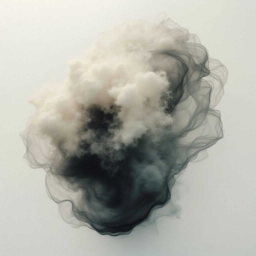 A swirling cloud of smoke or vapor dominates the frame, split starkly into shades of white and dark gray-black. The forms are soft and indistinct, appearing to blend at their edges against a pale background. It evokes a sense of duality and movement, like opposing forces colliding.