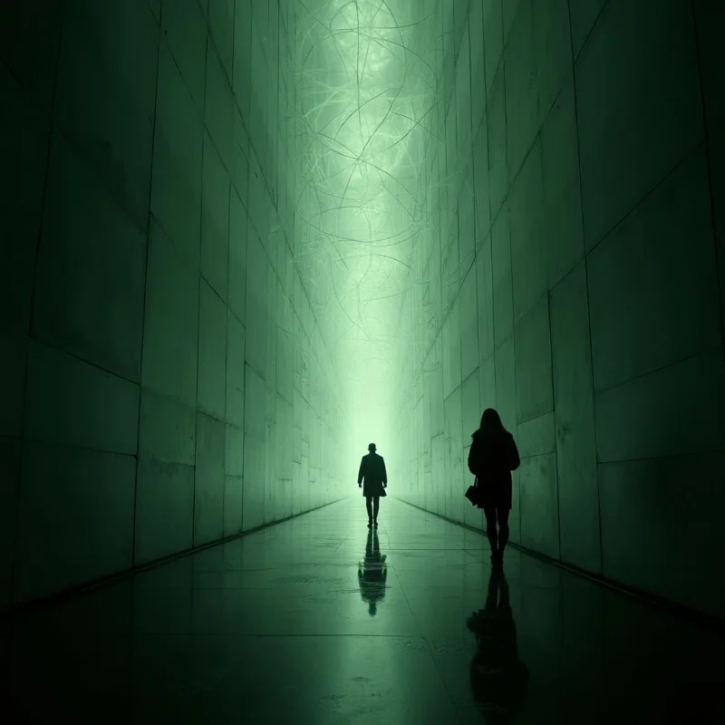 A monochromatic green palette defines this scene, featuring smooth, vertical wall panels and a reflective, polished floor. Silhouetted figures stand within a long, narrow corridor that recedes toward a bright, ethereal light source at the far end. Wispy, web-like textures descend from the ceiling, creating a sense of depth and atmospheric haze within the enclosed space.