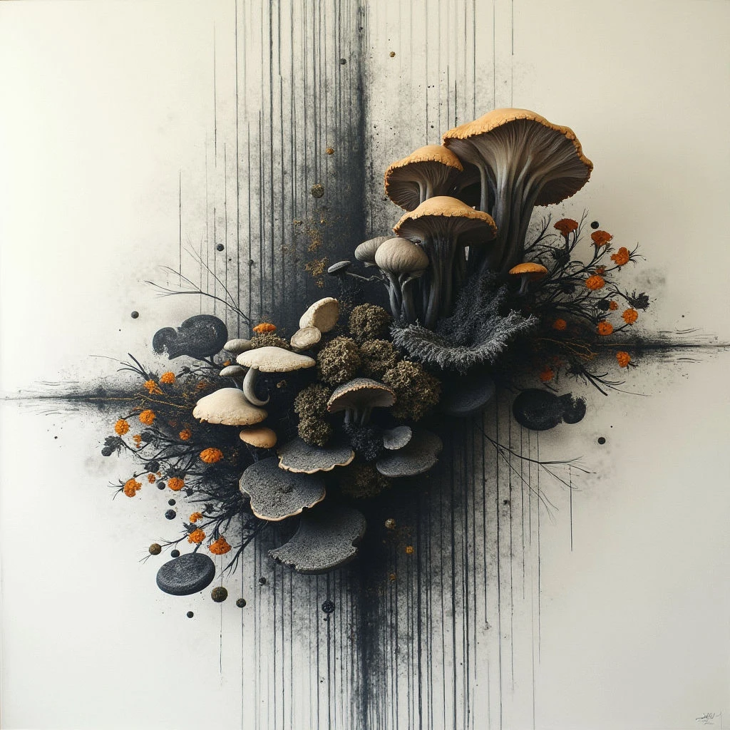 A dense cluster of various mushrooms and mosses is centered against a stark white background. A dark, vertical streak with trailing lines bisects the composition, contrasting with the warmer tones of the fungi and scattered orange flowers. Small, round spores or seeds float around the central arrangement, adding to its organic feel.