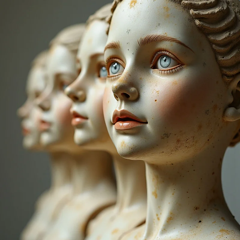 The image features three sculpted faces in a row, progressively blurring into the background from left to right. The color palette is dominated by warm beige and peach tones with accents of blue in the eyes and rose on the lips, all appearing slightly aged or weathered. Smooth curves define the facial forms, contrasted by textured details in the hair and subtle imperfections across the surfaces, while directional light highlights the noses and cheeks creating depth.