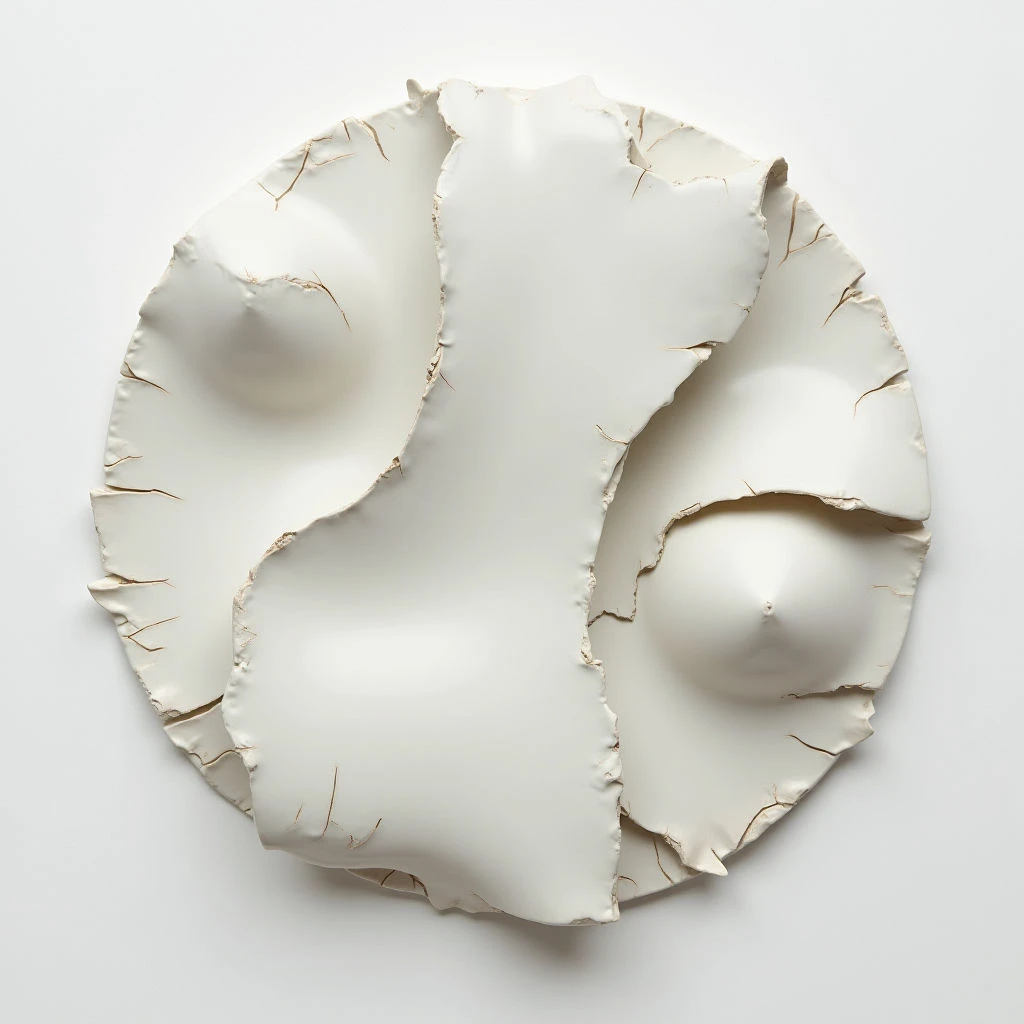 A roughly circular, off-white sculpture is mounted on a stark white wall. The piece features the form of a woman’s torso—specifically breasts and part of her chest—with visible cracks running throughout its surface. It appears fragile and slightly broken, contrasting with the smoothness of the sculpted forms.