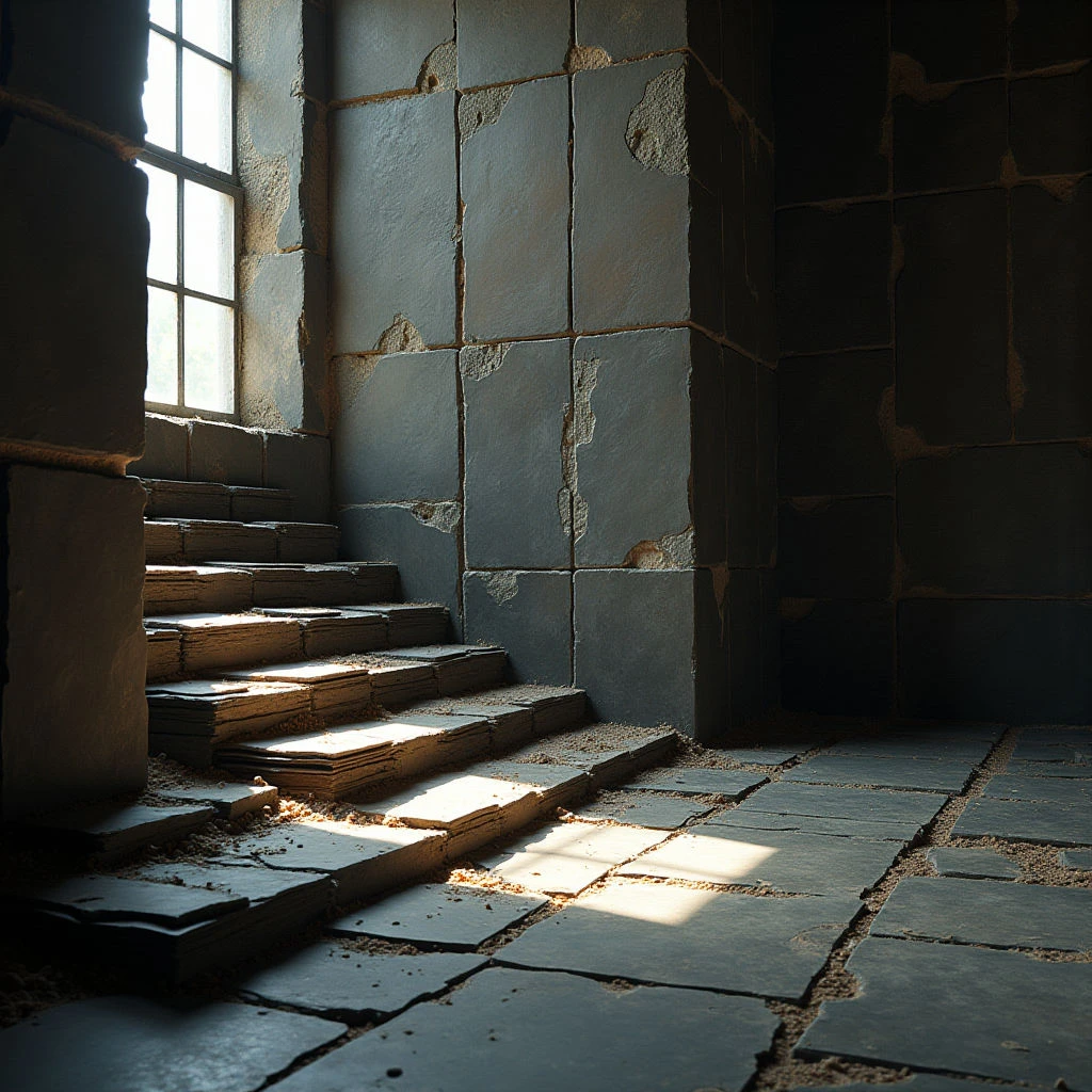 The image features a predominantly cool palette of grays and blacks, with variations in tone suggesting weathering and age on stone surfaces. Rough, rectangular textures define the walls and steps, contrasted by smoother flooring tiles that converge towards a brighter area illuminated by light entering from a window. Strong directional light creates distinct shadows, emphasizing the spatial recession of the staircase into a darker corner of the room.