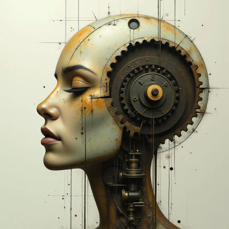 A profile view of a human face transitions into a complex arrangement of metallic gears and mechanical components on the side of the head. The palette consists of pale skin tones contrasted against weathered bronze, rusted iron, and muted teal surfaces. Vertical lines and dark splatters intersect the composition, set against a plain, light-colored background that emphasizes the central figure's silhouette.