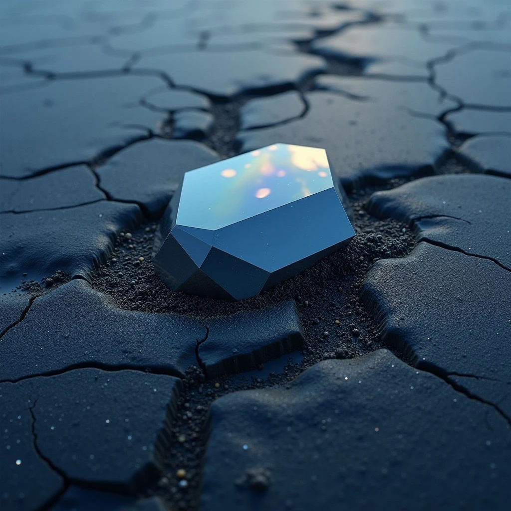The image is dominated by shades of blue and gray, with a highly reflective geometric shape centered in a field of cracked earth. The texture contrasts sharply between the smooth facets of the crystal and the rough, uneven surface of the surrounding ground, which appears dry and fragmented. Light reflects off the top of the object, creating highlights and suggesting an open sky above, while shadows emphasize the depth of the cracks around its base.
