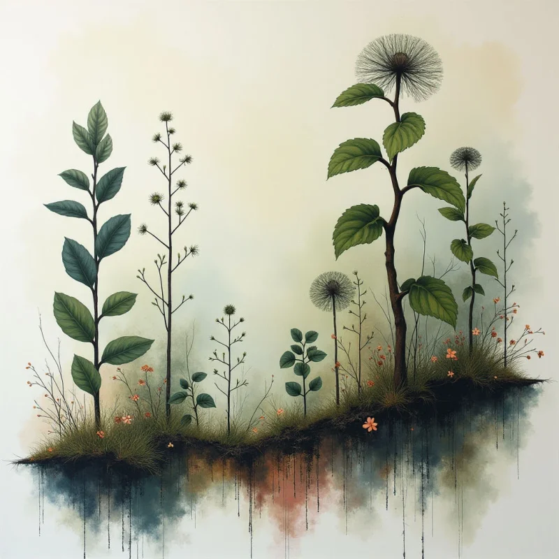 A small island of lush greenery and delicate wildflowers floats on a dark, reflective surface resembling water. Tall plants with rounded seed heads dominate the center, while smaller flowering stems and leafy bushes cluster along the edges of the landmass. The background is a soft, muted gradient, giving the scene an ethereal quality.