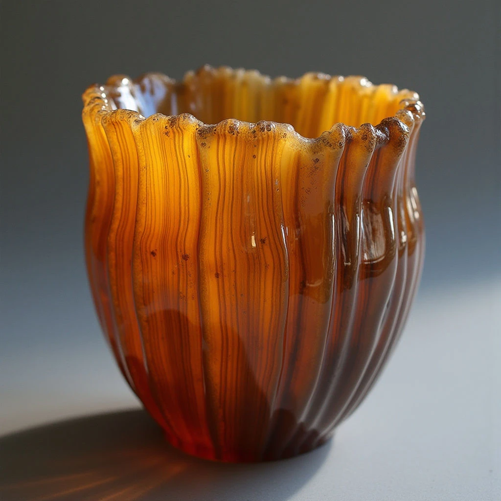 The object is a rounded vessel with a wide mouth and varying shades of amber, brown, and reddish-orange stripes running vertically along its surface. Its texture appears smooth and glossy, though the rim exhibits a ruffled, uneven quality. Light source from above highlights these ridges and creates shadows that emphasize the curved form and suggest depth within the material, while the base casts a soft shadow onto a neutral gray background.