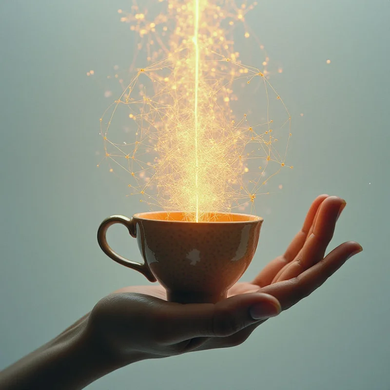 The image features a warm-toned orange cup held in a pale hand against a muted teal background. A network of bright golden lines and particles rises vertically from within the cup, contrasting with its textured surface and the smooth skin of the hand. Light appears to emanate from the rising structure, creating a central focal point and subtle shadows on the surrounding surfaces.