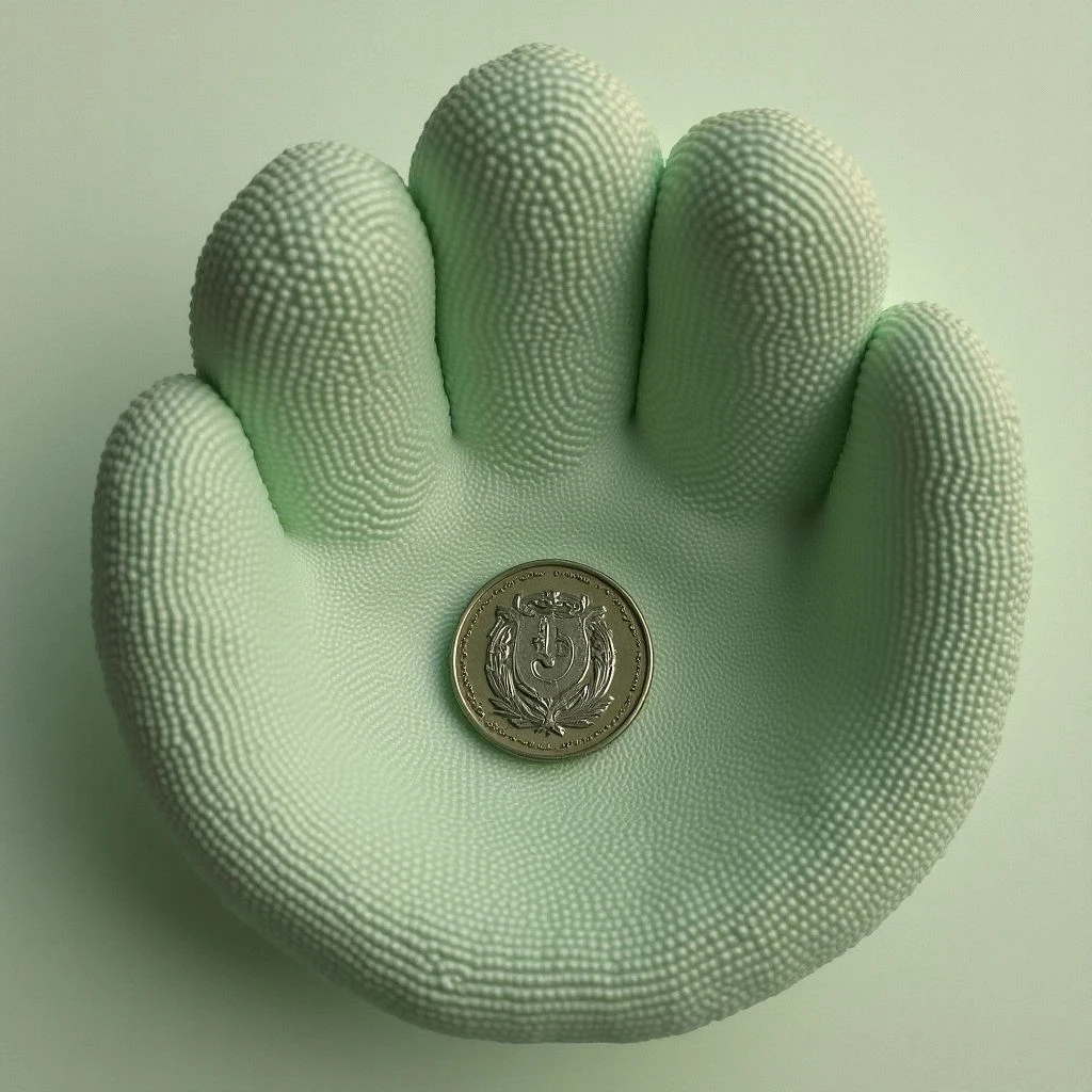 The image features a pale mint green color palette with a smooth, subtly textured surface resembling skin or soft material forming the shape of an open hand. A small, circular gold coin rests in the palm of the hand, creating a contrast in both texture and color. Soft, diffused light illuminates the scene evenly, minimizing strong shadows and emphasizing the rounded forms and spatial depth between the hand and the background.