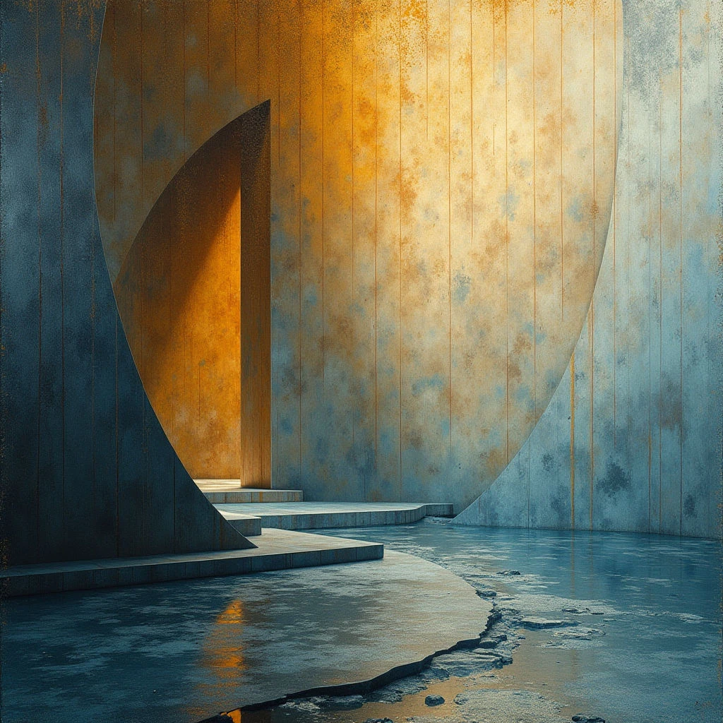 The image features a largely monochromatic palette of teal and gold tones with variations in saturation creating depth. Rough, vertically striated textures cover the walls, contrasting with smoother surfaces on stepped platforms that descend into a body of water occupying the lower portion of the frame. Large, curved shapes—a partial arch and opposing wedge—define the space, while strong directional light illuminates the opening and reflects off the water’s surface, creating a sense of enclosure.