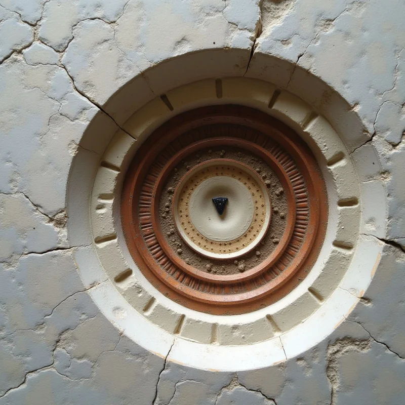 A series of concentric circular rings in shades of cream, terracotta, and beige are embedded within a cracked, pale grey wall. The composition transitions from smooth, recessed surfaces to textured, ridged patterns that lead toward a dark, triangular center. Light falls across the uneven surface, creating subtle shadows within the cracks and grooves of the circular layers.