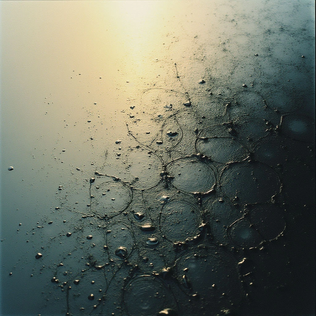 Water droplets are scattered across a dark, reflective surface, creating concentric ripple patterns where they’ve landed. The upper portion of the image fades from a muted blue to a warm golden hue. The overall effect is abstract and suggests a recent impact or disturbance in the water.