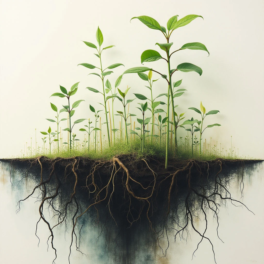 A cluster of young green plants grows from a small patch of earth suspended in mid-air. Below the soil, an intricate network of roots is fully visible, appearing to float against a pale background. The scene evokes a sense of delicate balance and hidden structure within nature.