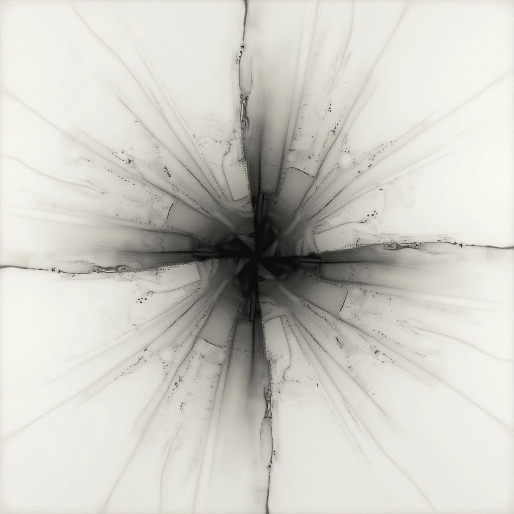 A dark, radiating pattern spreads outwards from a central point, resembling the burst of an explosion or a flower’s petals. The image is monochrome, with varying shades of gray creating depth and texture in the lines. Small imperfections and spots are visible along the edges of the spreading shapes, adding to a sense of organic growth or decay.