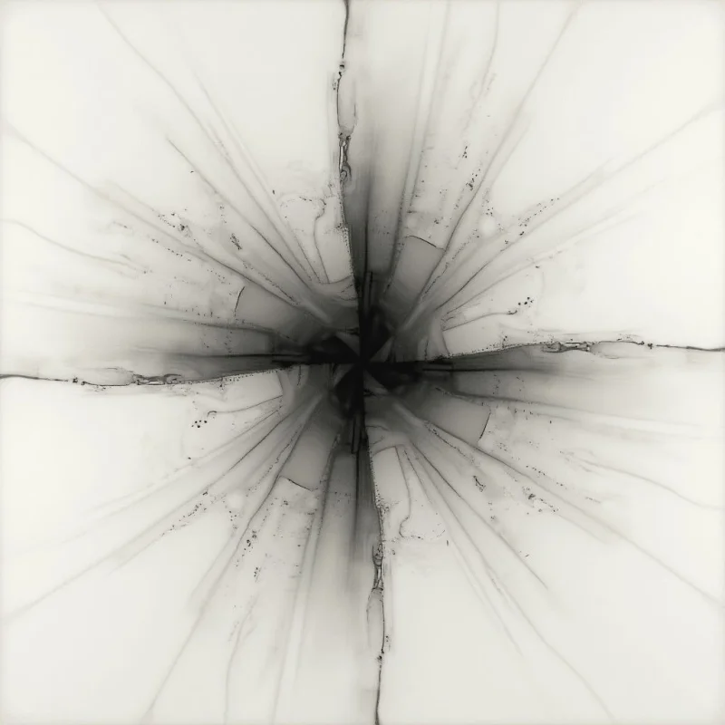 A dark, radiating pattern spreads outwards from a central point, resembling the burst of an explosion or a flower’s petals. The image is monochrome, with varying shades of gray creating depth and texture in the lines. Small imperfections and spots are visible along the edges of the spreading shapes, adding to a sense of organic growth or decay.