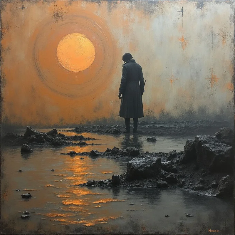 A large, glowing orange orb dominates the upper left against a hazy, textured sky of muted ochre and gray. A dark, silhouetted figure in a long coat stands centrally on a rugged shoreline, overlooking calm water that reflects the warm light in shimmering ripples. Jagged, dark rocks are scattered across the foreground and midground, creating a sense of depth within the soft, atmospheric space.