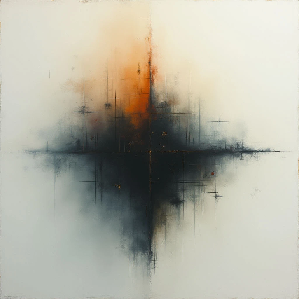 A central, dark cross shape dominates a largely white field, with hazy orange and gray areas radiating outwards from the intersection. Thin lines extend horizontally and vertically through the cross, creating a sense of structure within the blurred forms. Sparse red dots punctuate the composition, adding subtle focal points to the abstract arrangement.