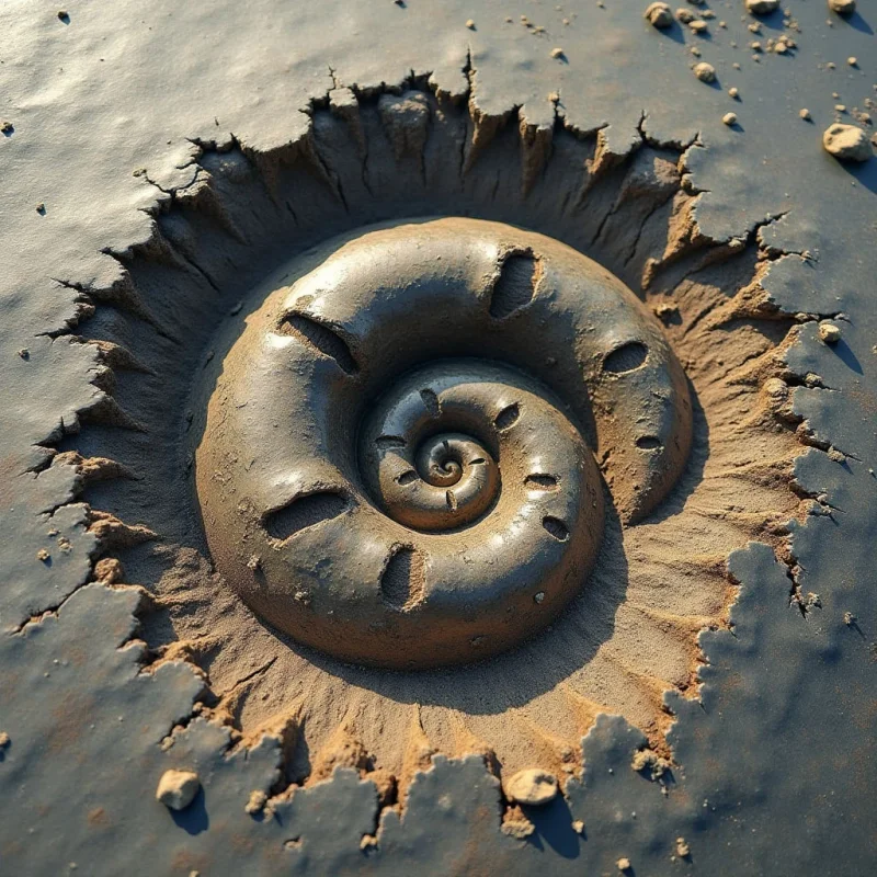 A large, dark bronze-colored spiral shell rests within a textured indentation in smooth, greyish-brown earth. The shell features rounded, organic ridges and deep indentations, surrounded by jagged, radiating grooves that fan out toward the edges of the frame. Bright sunlight casts soft shadows within the crevices, highlighting the contrast between the polished surface of the spiral and the coarse, granular texture of the surrounding ground.