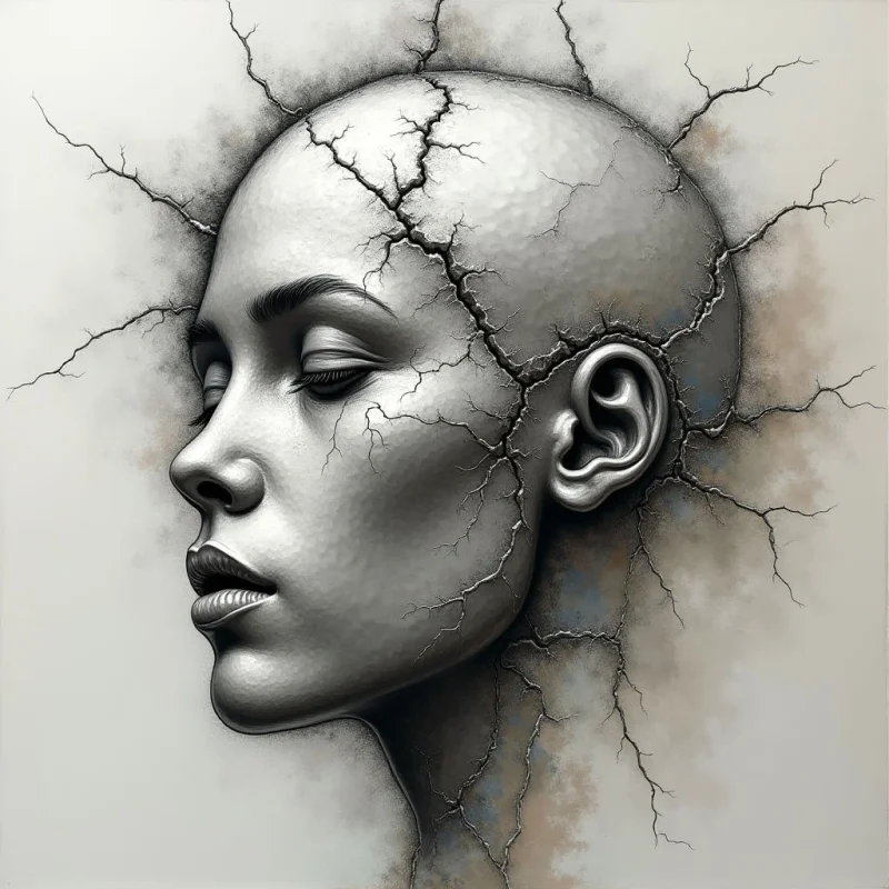 The image features a profile of a head with a smooth, metallic sheen contrasted by a network of cracked earth extending from the skull. A muted palette of grays, browns, and creams dominates, creating a sense of subtle depth through gradations in tone. The subject is centrally positioned against a pale background, with the cracks radiating outwards to fill much of the frame and suggesting a fractured spatial relationship between inner self and outer world.