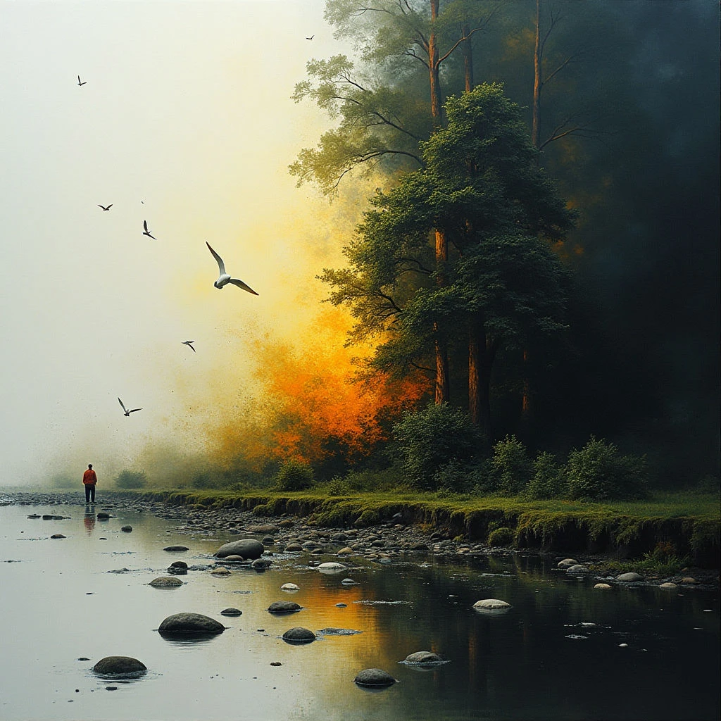 A lone figure stands on a rocky shore, gazing towards a vibrant burst of golden light emanating from within a dark forest. Several birds fly overhead, silhouetted against the hazy sky and glowing warmth. The water reflects the colors of both the light and the surrounding trees, creating a serene yet mysterious atmosphere.