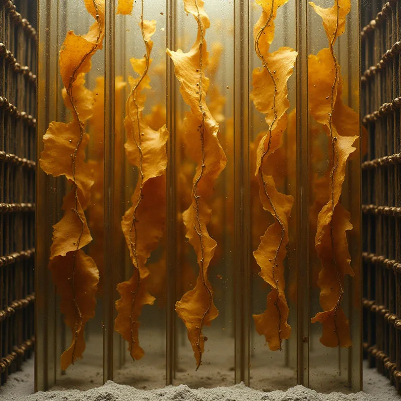 Vertical, undulating golden-orange ribbons with ruffled edges hang suspended between parallel glass columns. The scene is illuminated by a soft, diffused light that highlights the translucent textures of the organic shapes against a warm, amber-toned background. These vertical elements are arranged in a rhythmic row above a bed of fine, pale sand, creating a sense of depth within a structured, transparent enclosure.