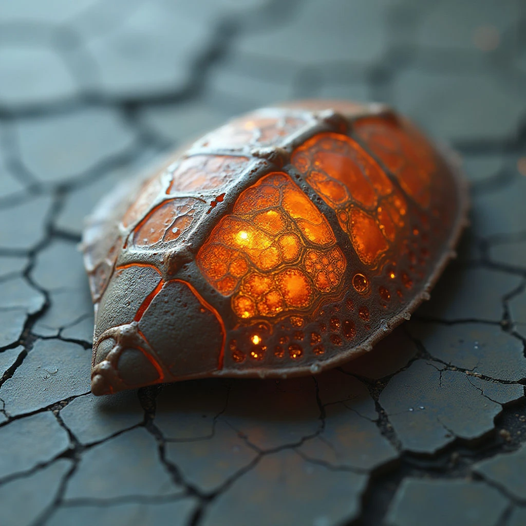 The image features a roughly triangular object with a dark, textured exterior and an intensely illuminated orange interior visible through irregular openings. The surrounding surface is composed of cracked, grey material resembling stone or dried earth, contrasting in texture with the smoother, almost metallic shell of the central form. Light emanates from within the object, casting subtle highlights on its surface and creating localized bright spots against the darker background.