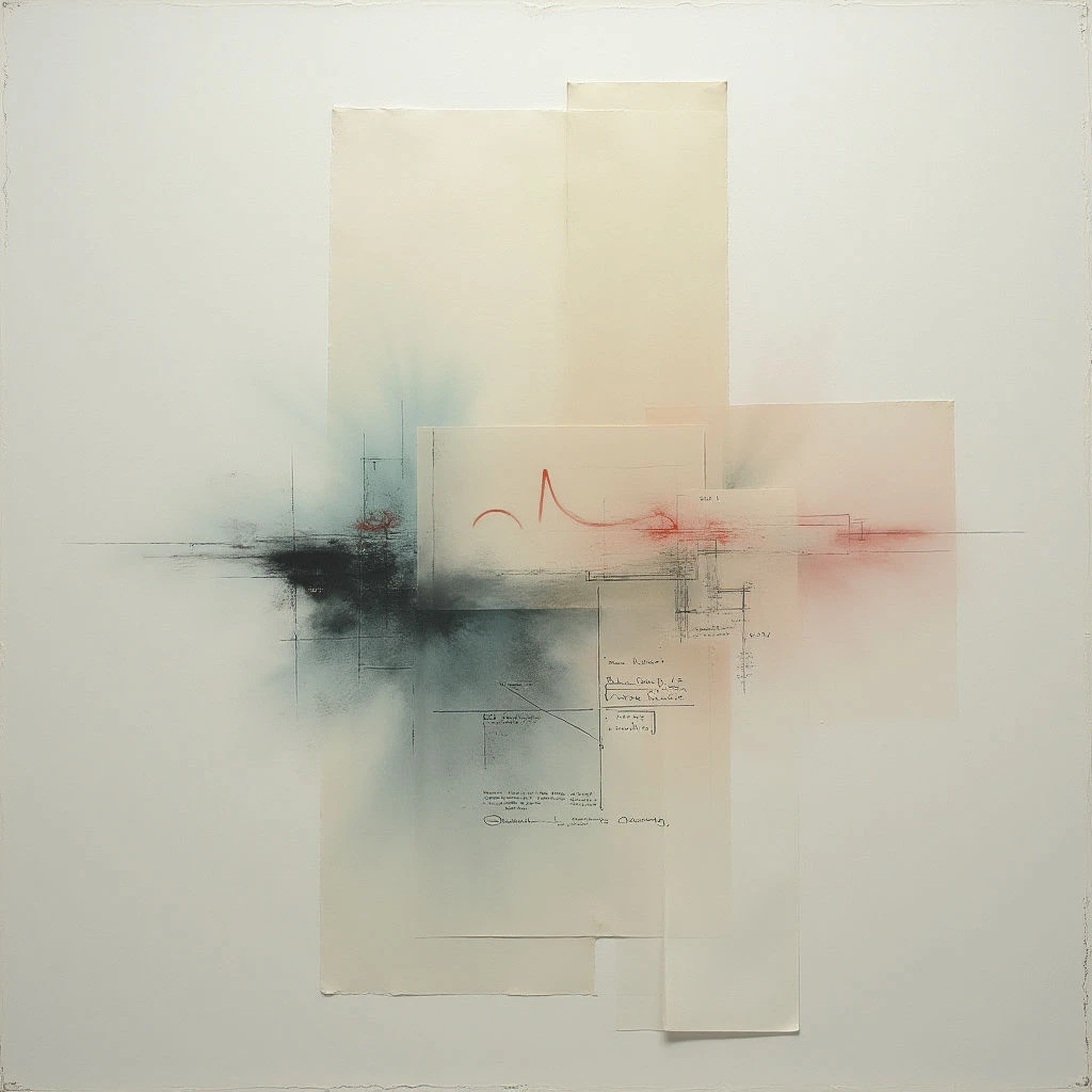 A large sheet of paper is affixed to a white wall, overlaid with translucent rectangles and abstract washes of dark grey and red ink. Faint architectural diagrams are visible beneath the layers of color, including handwritten notes and technical drawings. The composition feels fragmented and delicate, suggesting a palimpsest of ideas or designs.