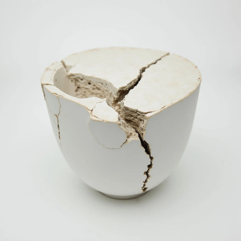 A white, rounded pot is severely cracked and broken, with large pieces missing from the rim. The interior of the pot reveals a rough, textured material beneath the smooth painted exterior. It sits alone against a stark white background, highlighting its damaged state.