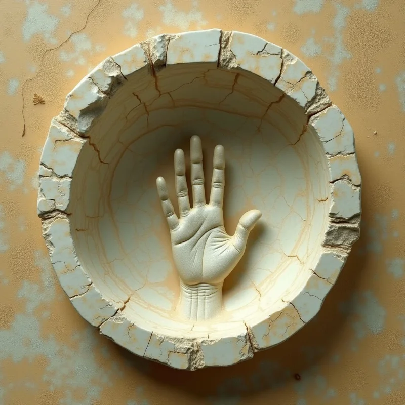 A pale, cream-colored hand is centered within a circular, crater-like depression that features jagged, cracked edges. The composition uses a monochromatic palette of beige and tan tones with subtle shadows defining the contours of the fingers and the inner rim. The smooth texture of the hand contrasts against the rough, fractured surface of the surrounding ring and the mottled background.