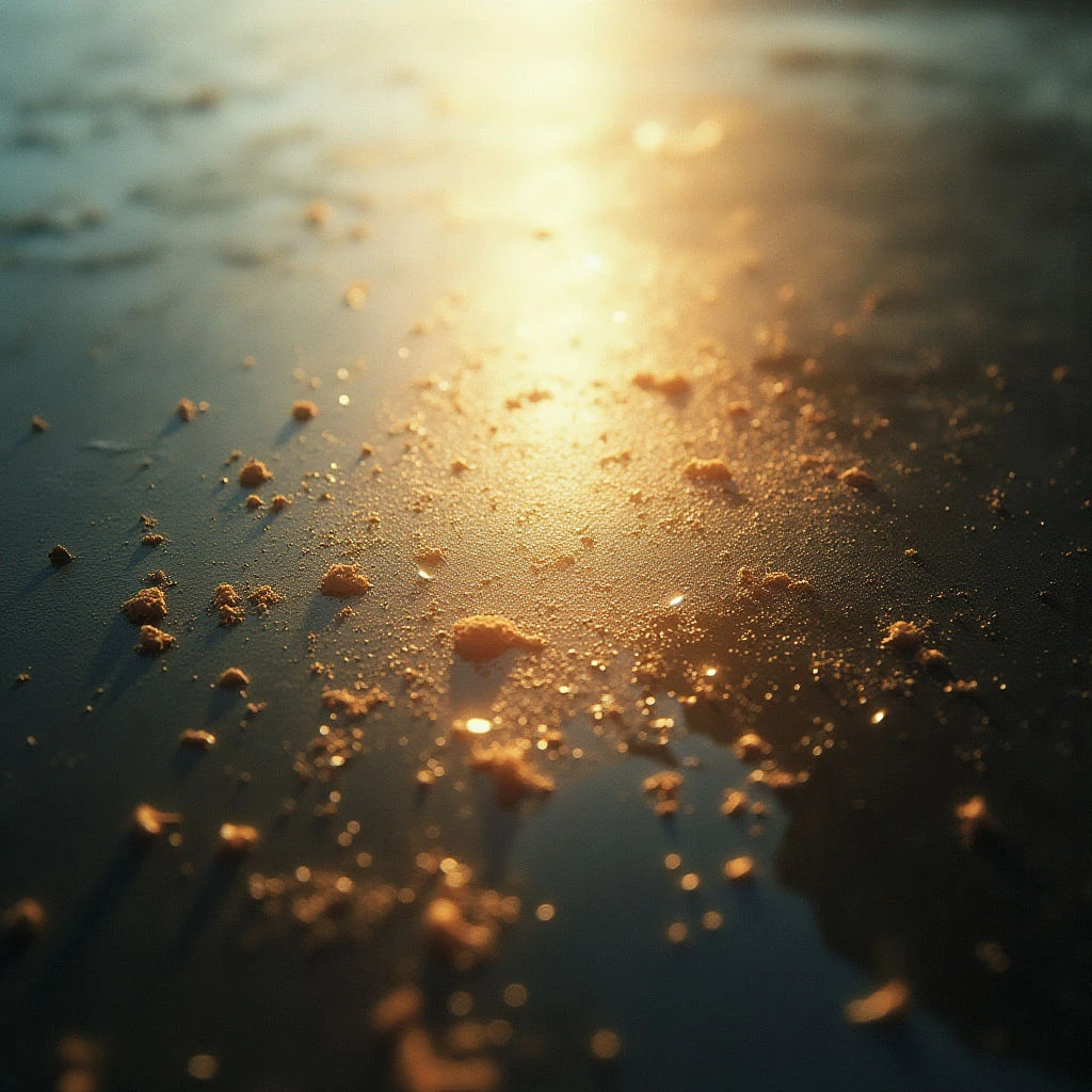 Wet sand is scattered with small, golden clumps—likely seaweed or debris—reflecting a bright, warm light source above. The surface appears smooth and slightly blurred, creating a shallow depth of field that emphasizes the texture of the illuminated particles. Shadows stretch across the darker areas of the beach, contrasting with the sun-kissed foreground.