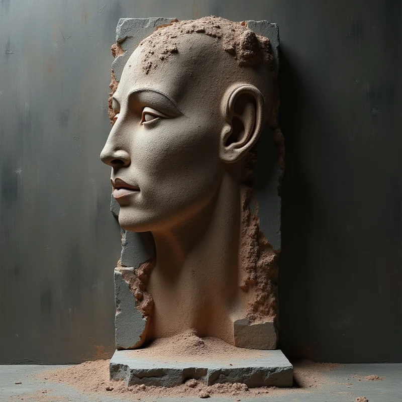 A monochromatic sculpture of a human profile in earthy tan tones emerges from a jagged, grey stone slab. The smooth, matte texture of the face contrasts with the coarse, granular debris clinging to its edges and base. Soft light casts subtle shadows across the facial contours, emphasizing the three-dimensional relationship between the head and the vertical background.