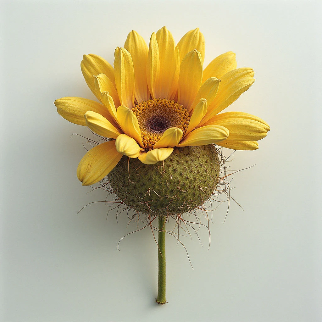 A bright yellow sunflower bloom sits atop a rounded, textured green base covered in fine hairs. The flower's petals are fully extended, contrasting with the compact shape of what appears to be its seed head. It stands alone against a pale background, drawing focus to its unusual form.