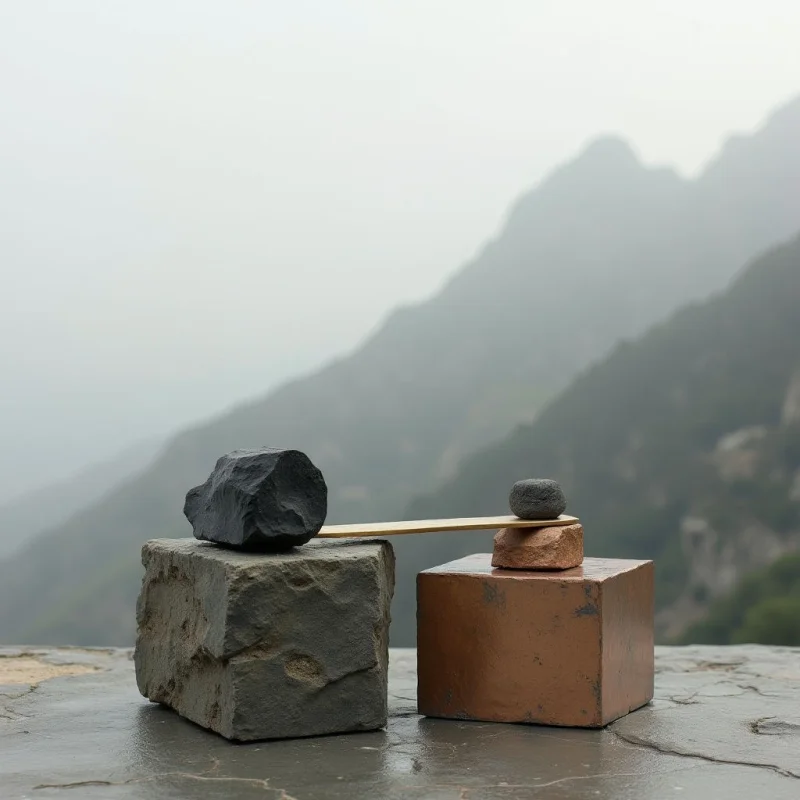 A dark, jagged rock and a small round stone sit atop two large rectangular blocks of varying earth tones. A slender, light-colored horizontal beam connects the two elevated objects, creating a sense of balance against a backdrop of misty, muted grey mountains. The scene features contrasting textures between the rough, weathered surfaces of the stones and the smooth, flat plane of the foreground.