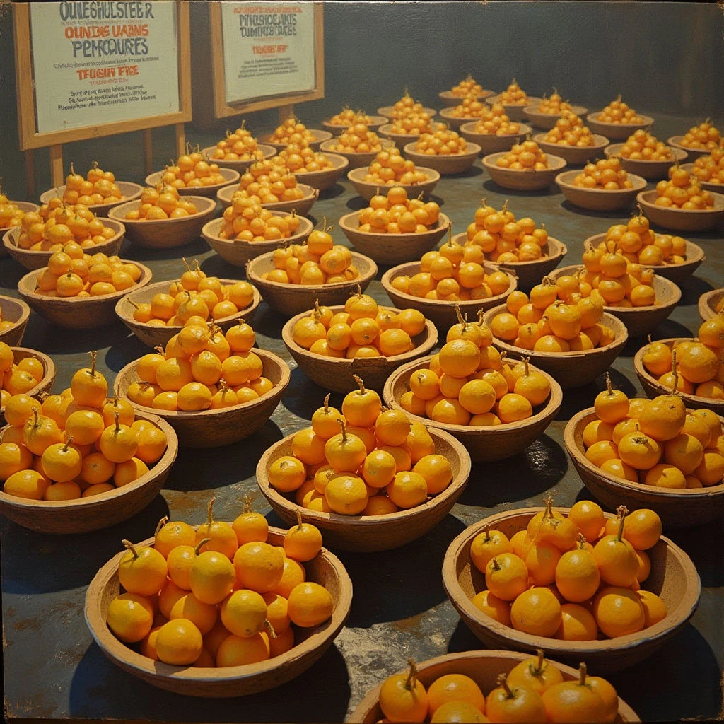 The image depicts a grid of small wooden bowls filled with bright orange kumquats against a dark gray background. The bowls are arranged in neat rows and columns, creating a repeating pattern that recedes into the distance, suggesting a large installation or display. Light appears to be diffused and even, highlighting the smooth texture of the fruit and the rough grain of the wood while casting soft shadows between the bowls.