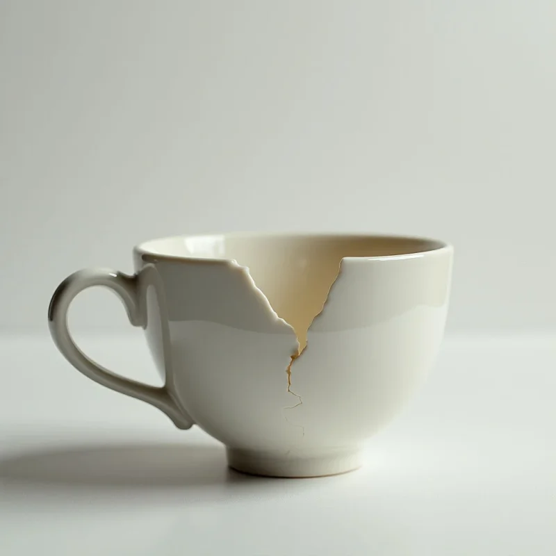 A white teacup sits on a pale surface, visibly broken with a large crack running down its side. The interior of the cup is exposed through the fracture, revealing a warmer, cream-colored tone beneath the glossy exterior. It casts a soft shadow against the neutral backdrop, emphasizing its delicate and damaged state.