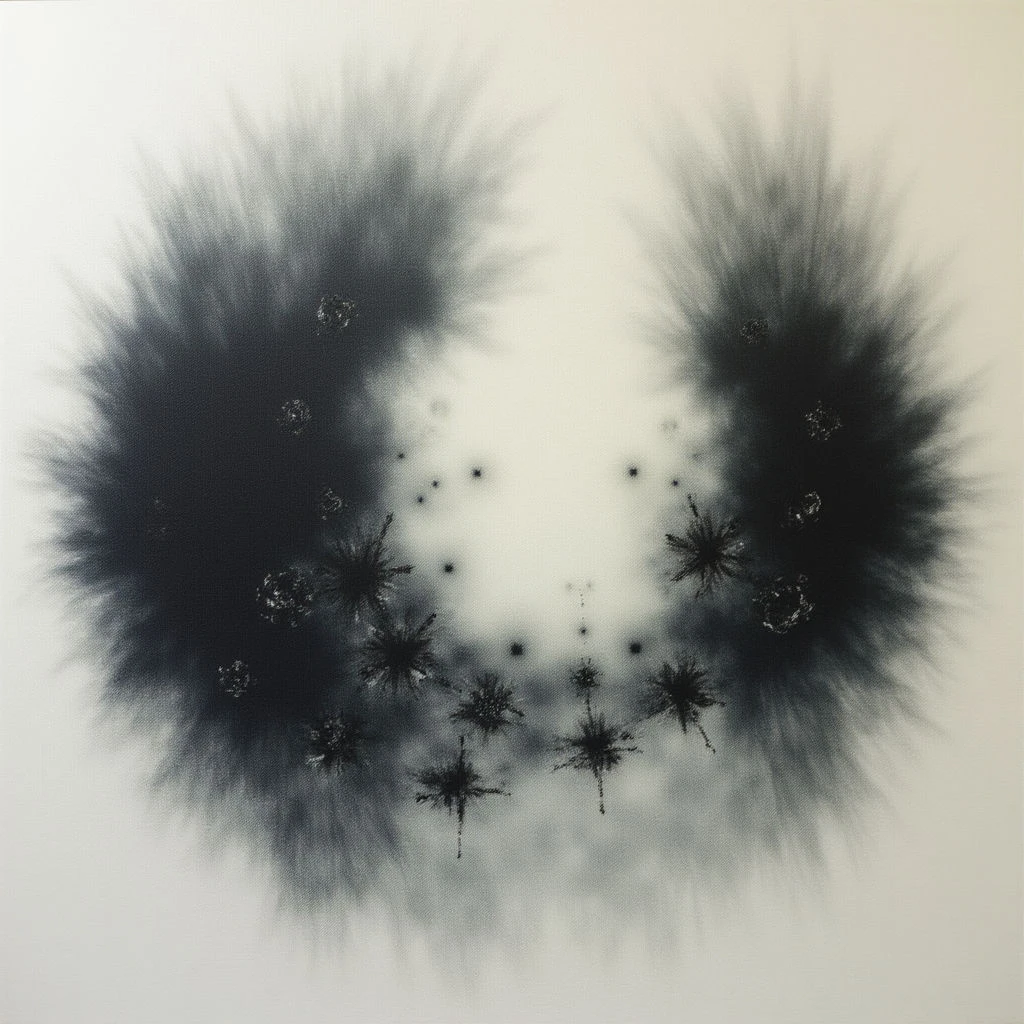 Dark, cloud-like shapes flank a bright central area on a white background. Within the center are numerous small, starburst-shaped figures that become more sparse as they move towards the darker edges. The overall effect is reminiscent of cosmic dust or an explosion viewed from afar.