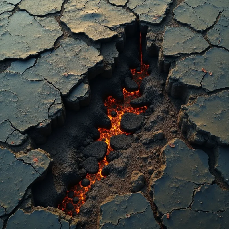 A jagged fissure of glowing orange and red light cuts through a landscape of dark, desaturated gray cracked earth. The surface consists of rough, matte textures and sharp polygonal shapes that border the deep, luminous crevice. Light radiates from within the central rift, casting a warm glow against the uneven edges of the surrounding terrain.
