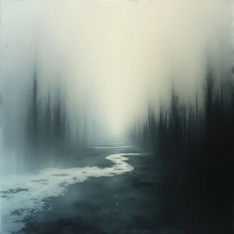 A blurred, indistinct forest stretches into a hazy distance, with tall trees flanking what appears to be a winding waterway. The color palette is muted and cool, primarily shades of gray and dark teal, creating an ethereal and dreamlike atmosphere. A bright glow emanates from the far end of the scene, almost obscuring the horizon.