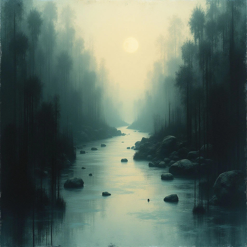 A quiet river flows through a dense, dark forest shrouded in mist. Sunlight filters weakly from above, illuminating the water and creating a hazy glow along its path. Rocks break the surface of the calm stream, leading the eye toward the distant light.