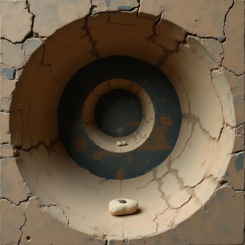Concentric circular forms create a sense of depth within a textured, earth-toned surface marked by jagged cracks and irregular fissures. A dark, shadowy interior recedes toward a smaller central ring, while a single small stone rests in the foreground basin. Light falls unevenly across the matte, sandy surfaces, emphasizing the rough relief and the layered spatial relationship between the outer rim and the inner void.