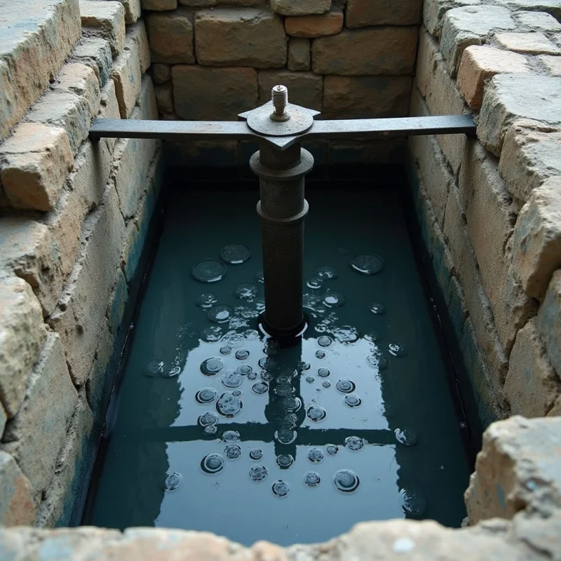 A dark, reflective pool of water sits within a rectangular pit lined with tan and gray textured bricks. A vertical metal pole rises from the center of the liquid, supporting a horizontal crossbar that spans the width of the enclosure. Soft light reflects off the surface of the water, highlighting circular ripples and bubbles scattered across the dark expanse.