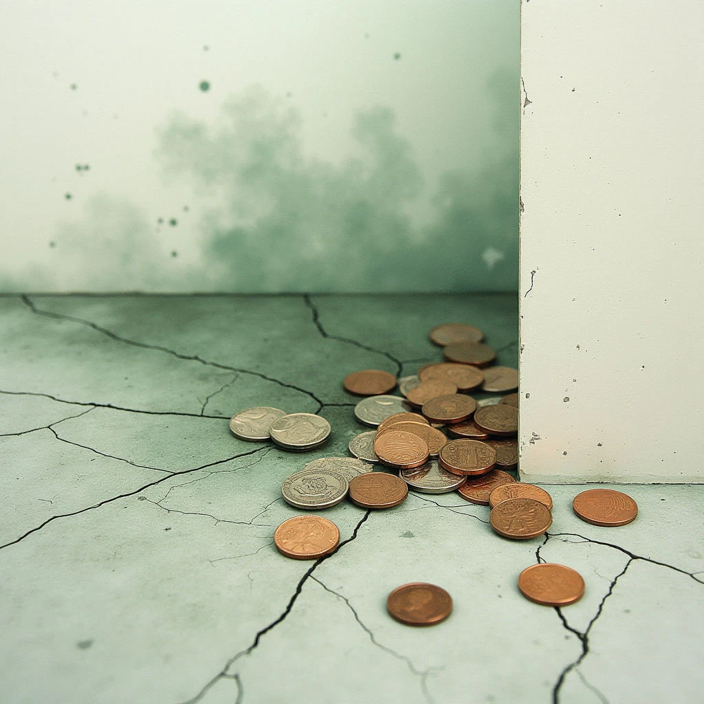 The image features a muted palette of greens and browns, with a stark white vertical plane bisecting the frame. A collection of coins rests on a cracked, textured surface exhibiting a network of fissures and imperfections. Soft, diffused light illuminates the scene, casting gentle shadows and highlighting the spatial relationship between the coins, wall, and ground plane.