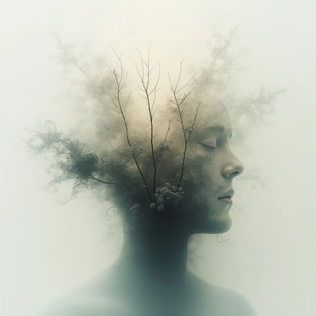A woman's face is partially obscured by a swirling, ethereal image of bare trees and foliage that seems to grow from her head. Her eyes are closed peacefully as the branches blend into her hair and fade into a soft, hazy background. The overall tone is muted and dreamlike, suggesting introspection or a connection with nature.
