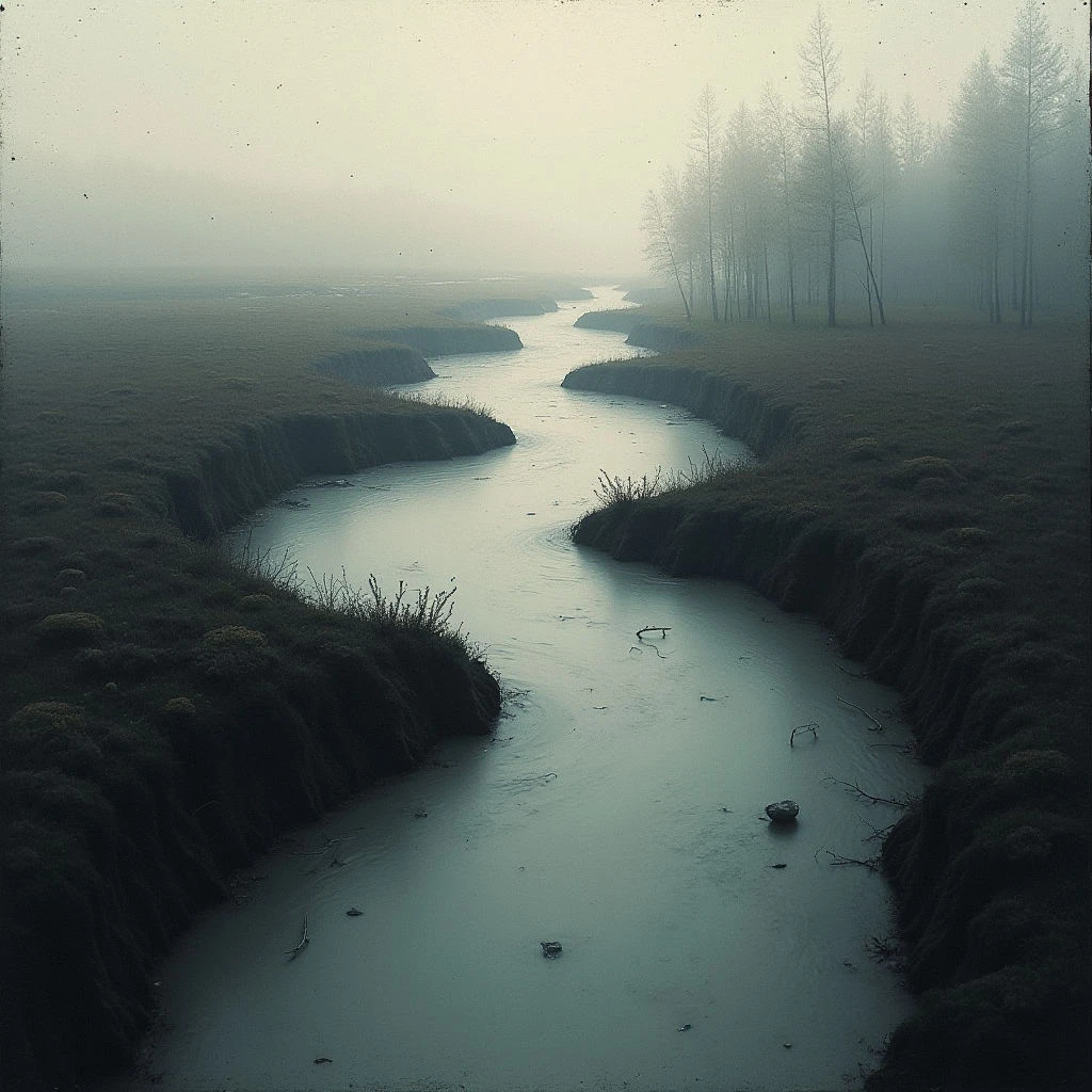 A narrow, winding stream cuts through a flat, mossy landscape shrouded in thick fog. The banks of the stream are lined with dark vegetation and occasional bare branches, leading towards a distant line of pale trees disappearing into the mist. Everything is cast in muted greens and grays, creating a somber and still atmosphere.