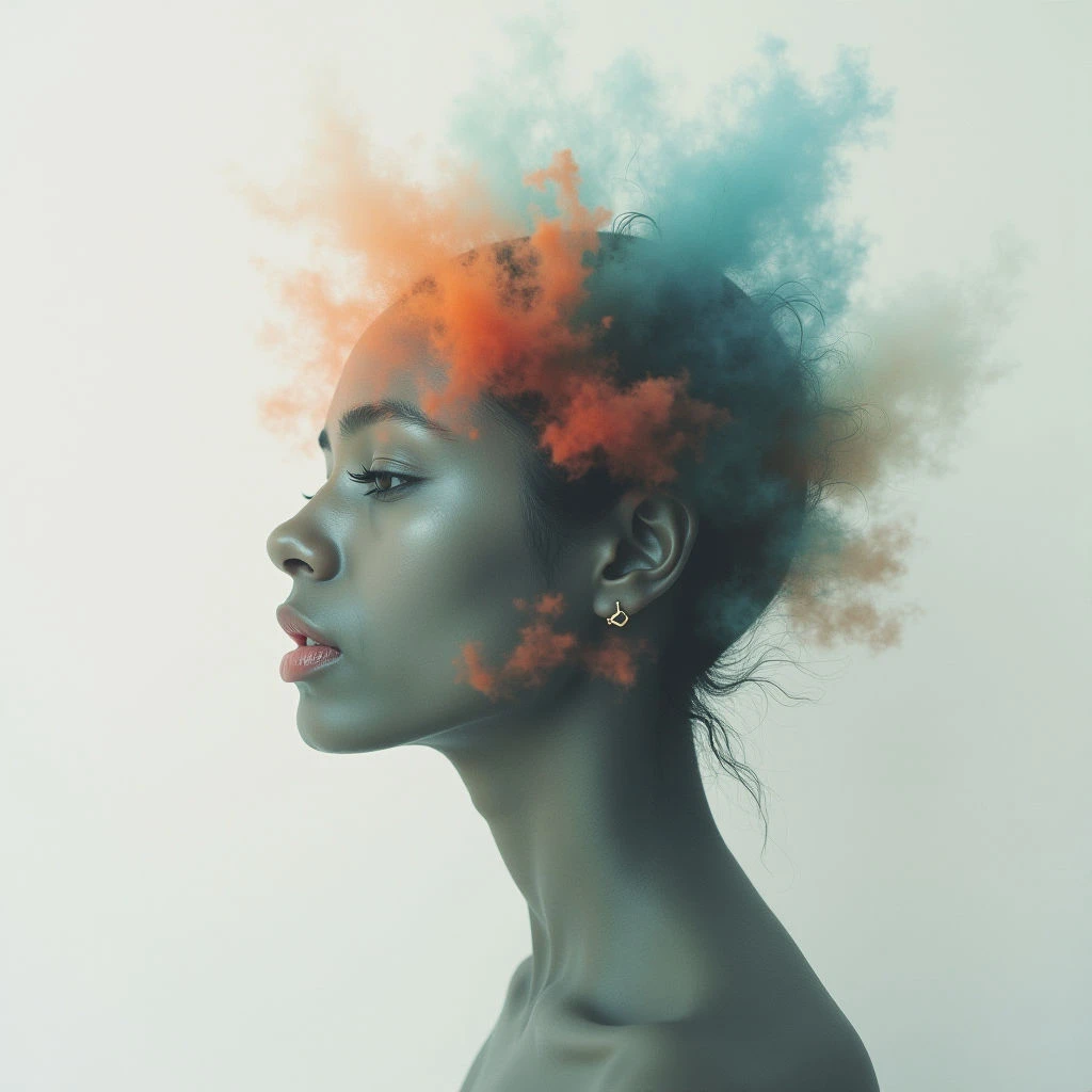 A woman with dark skin is shown in profile, her eyes closed and expression serene. Instead of hair, vibrant plumes of orange and teal smoke rise from her head, creating a cloud-like halo effect. She wears small gold earrings and appears to be fading into a pale background.