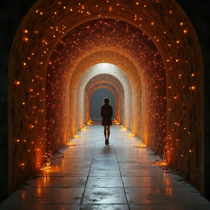 A central figure walks down a long, tiled path through a series of receding, arched tunnels lined with warm, golden lights and fibrous textures. The composition uses a symmetrical perspective to draw the eye toward a bright, white light at the end of the corridor. Warm orange tones from the glowing points contrast with the cool, muted grays and blues of the floor and distant background.